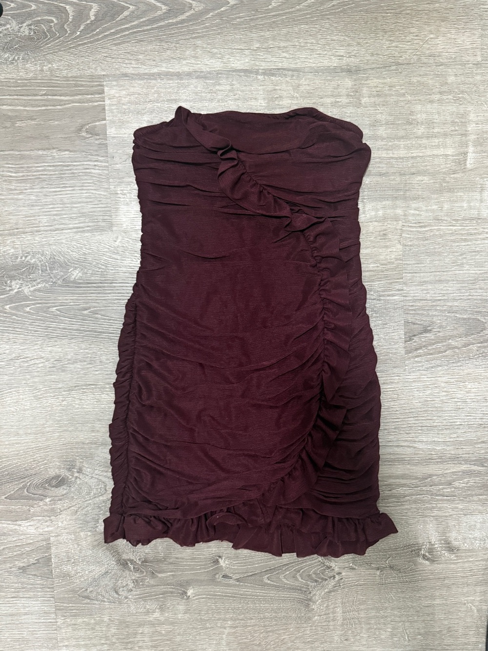 wild fable Strapless Ruffle Ruched Mini Dress in Burgundy